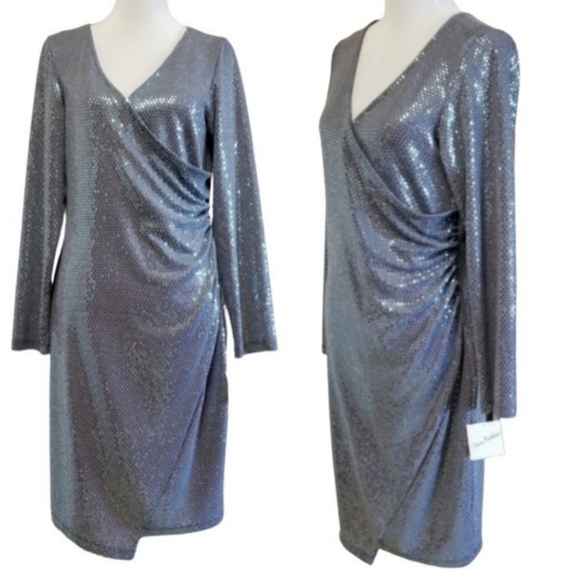 🆕️⬇️Olivia Matthews Silver Sequin Faux Wrap Dress - Picture 2 of 10